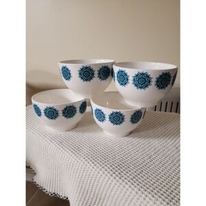 Royal Norfolk Teal Blue Mandala Medallion Stoneware Bowls Set of 4 White Ceramic